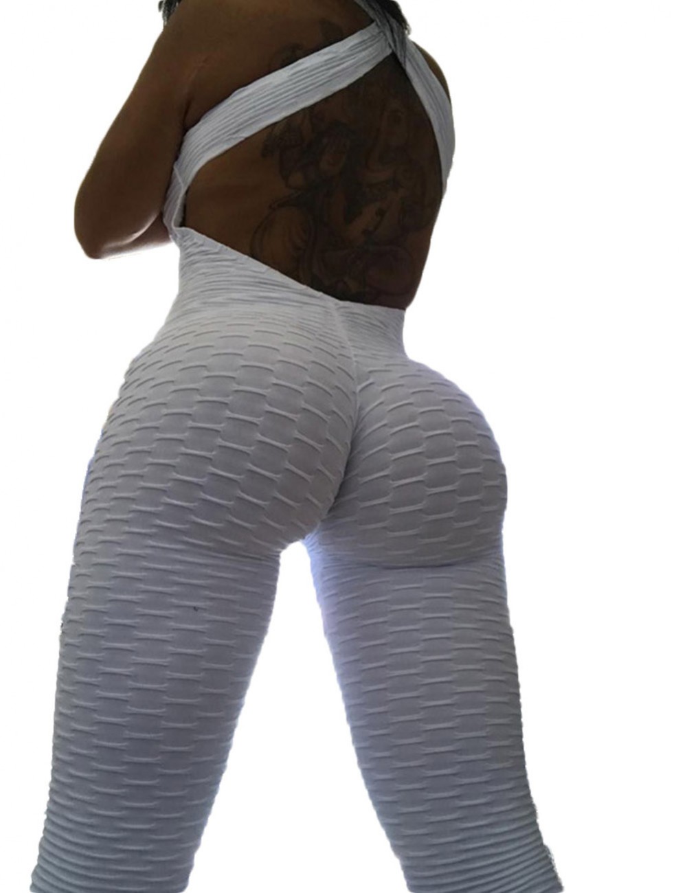 Fitness White Butt Lifting Workout Jumpsuit Jacquard Sexy Ladies