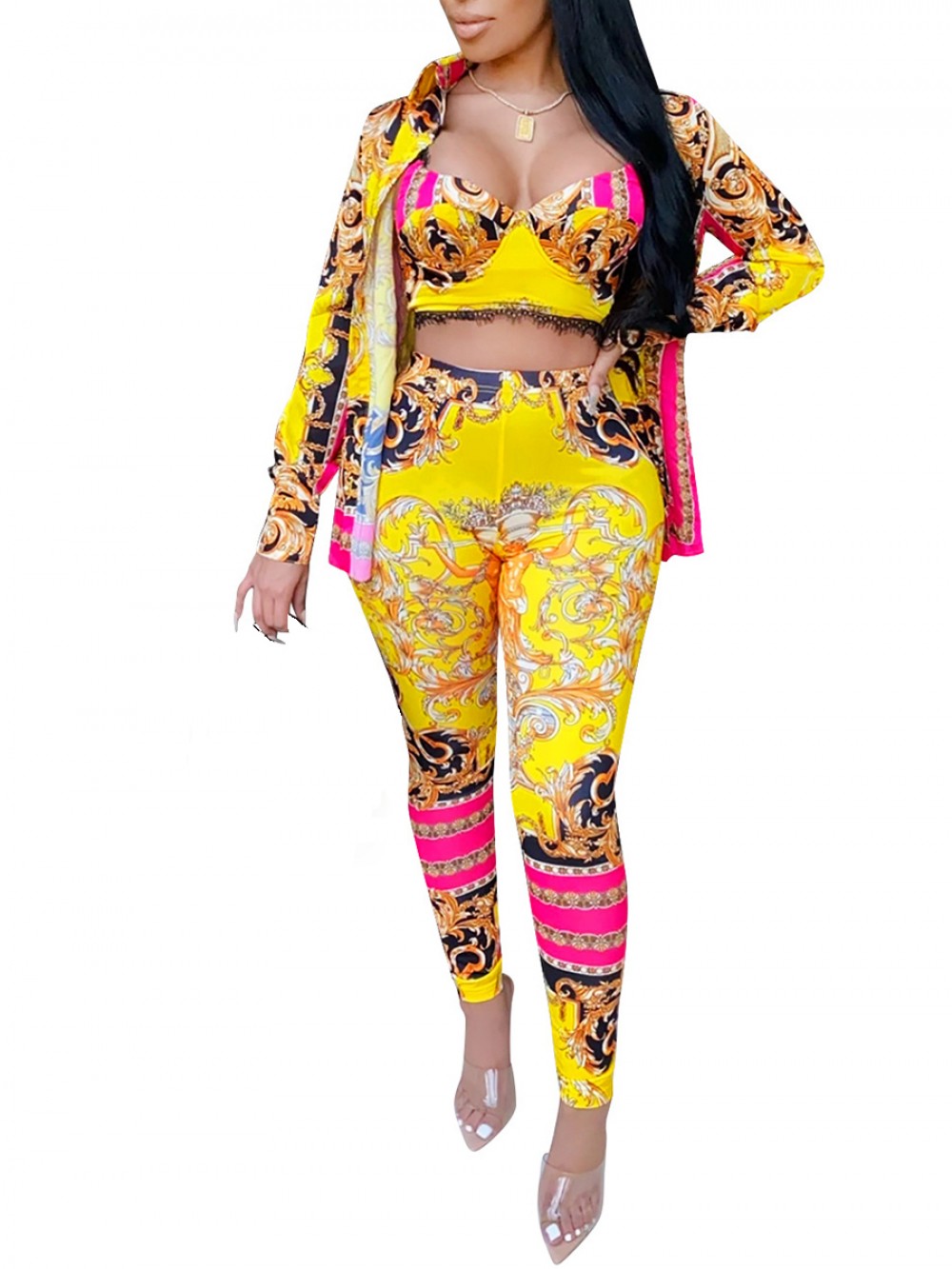 Yellow High Waist Print 3 Piece Outfits Front Open For Ladies