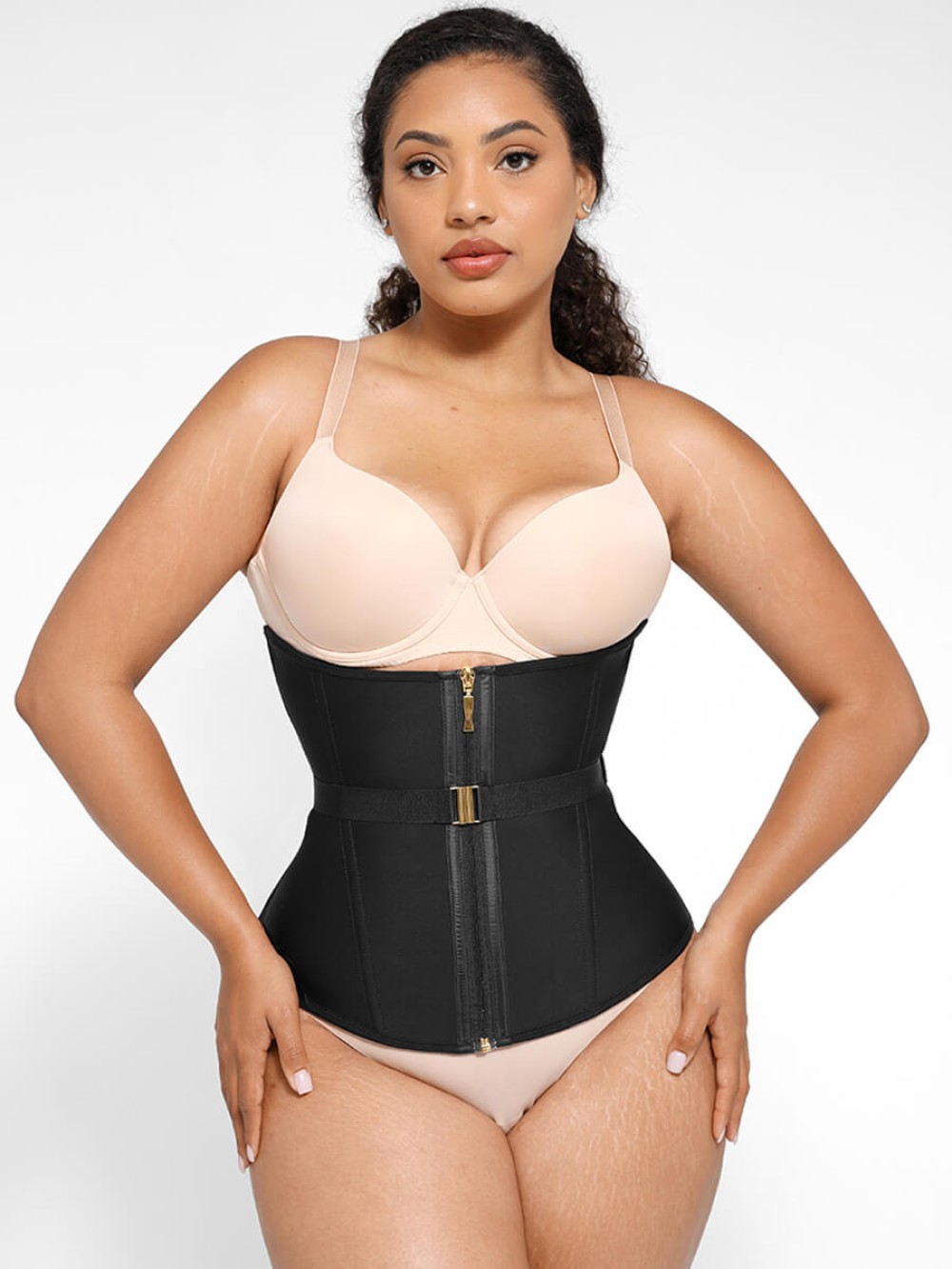 U-Shaped 10 Steel Bones Latex Waist Trainer with Fan Lacing and Front Buckle Adjustment