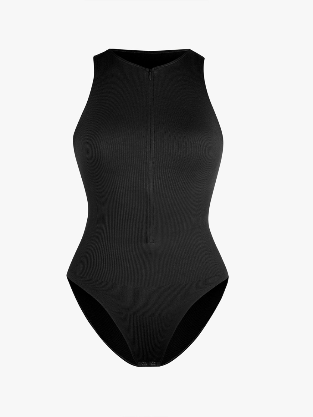 Seamless Ribbed Zip Front Sleeveless Briefs Bodysuit
