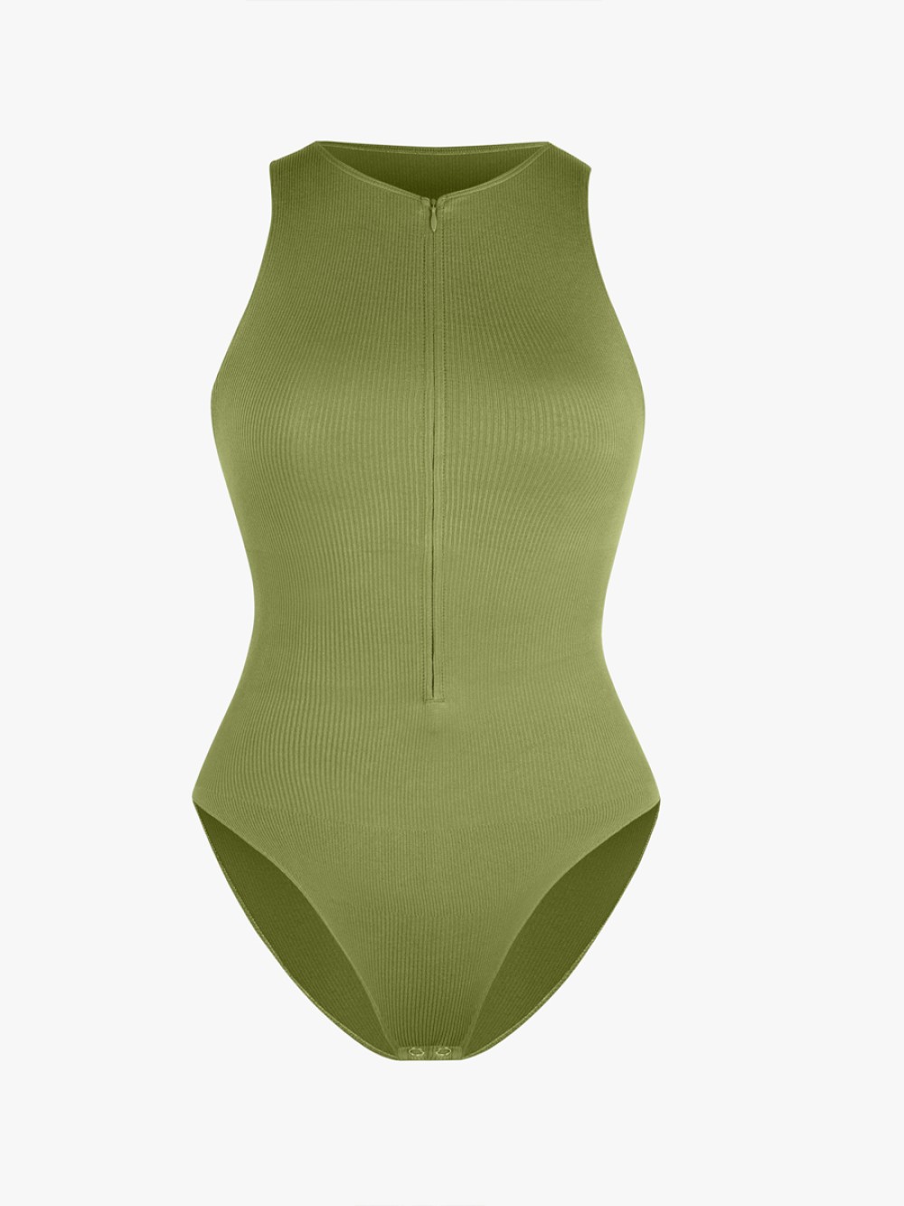 Fashion Women Seamless Ribbed Zip Front Sleeveless Briefs Bodysuit