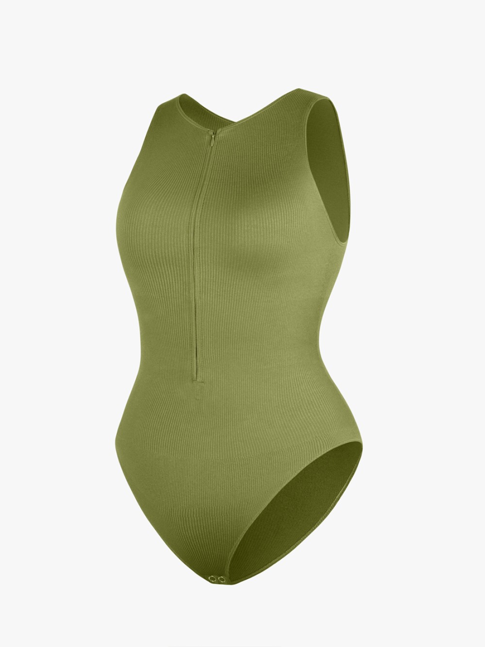Fashion Women Seamless Ribbed Zip Front Sleeveless Briefs Bodysuit