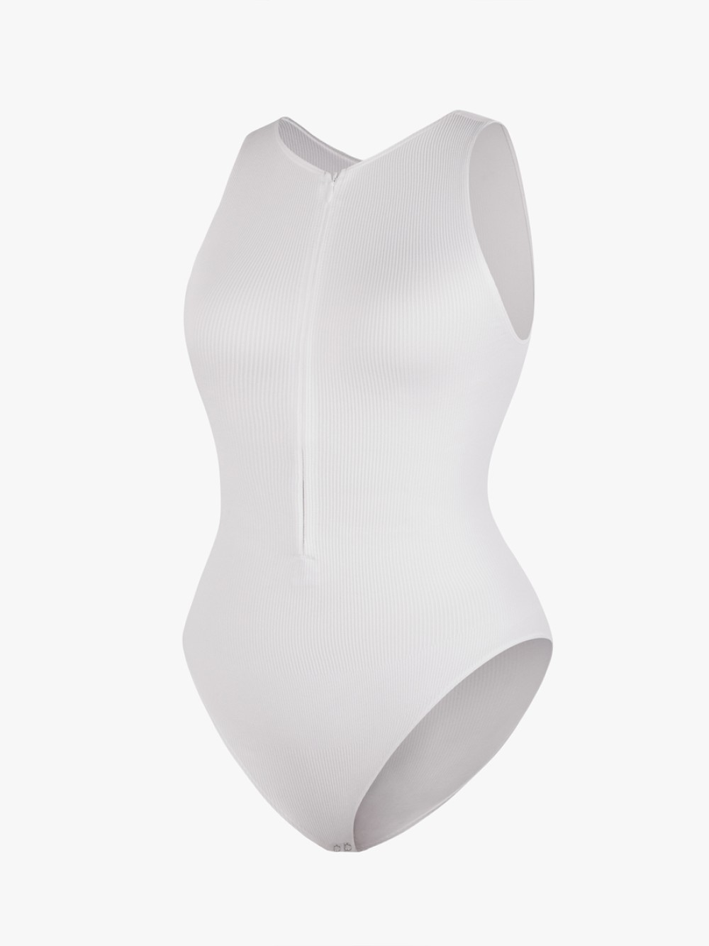 White Seamless Ribbed Zip Front Sleeveless Briefs Bodysuit