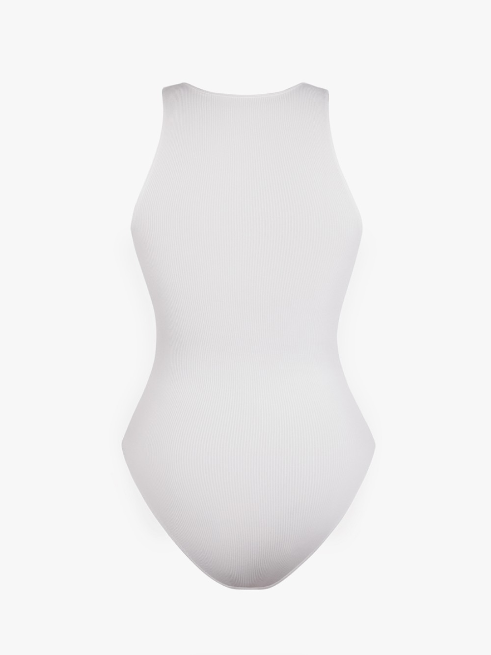 White Seamless Ribbed Zip Front Sleeveless Briefs Bodysuit