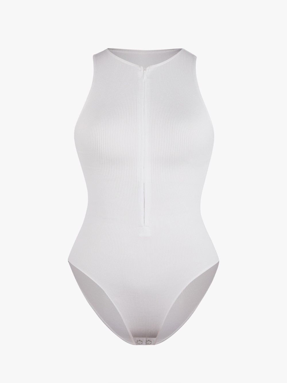 White Seamless Ribbed Zip Front Sleeveless Briefs Bodysuit