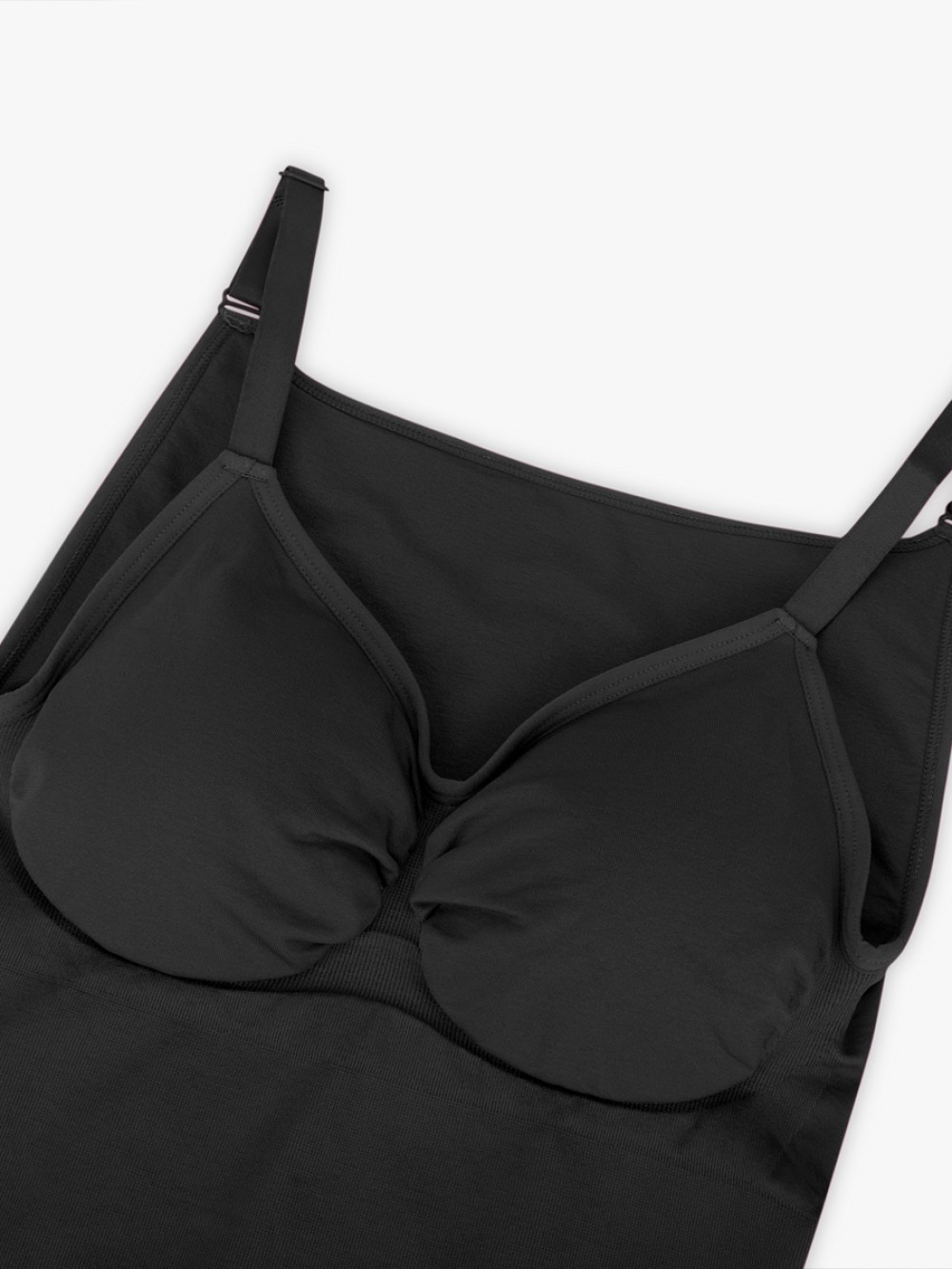 Black Seamless Bra Free Cami Tummy Control Thong Bodysuit with Removable Pads