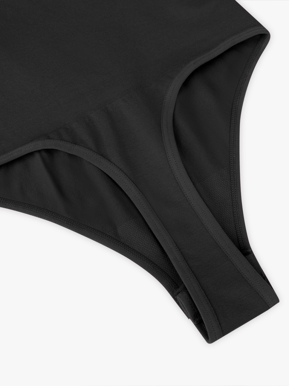 Black Seamless Bra Free Cami Tummy Control Thong Bodysuit with Removable Pads