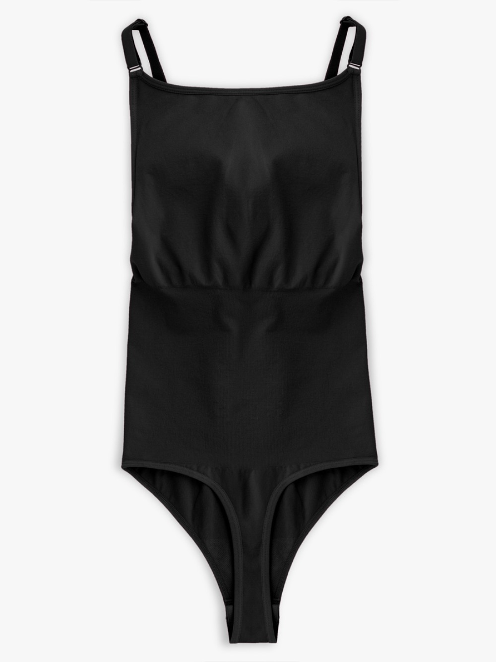 Black Seamless Bra Free Cami Tummy Control Thong Bodysuit with Removable Pads
