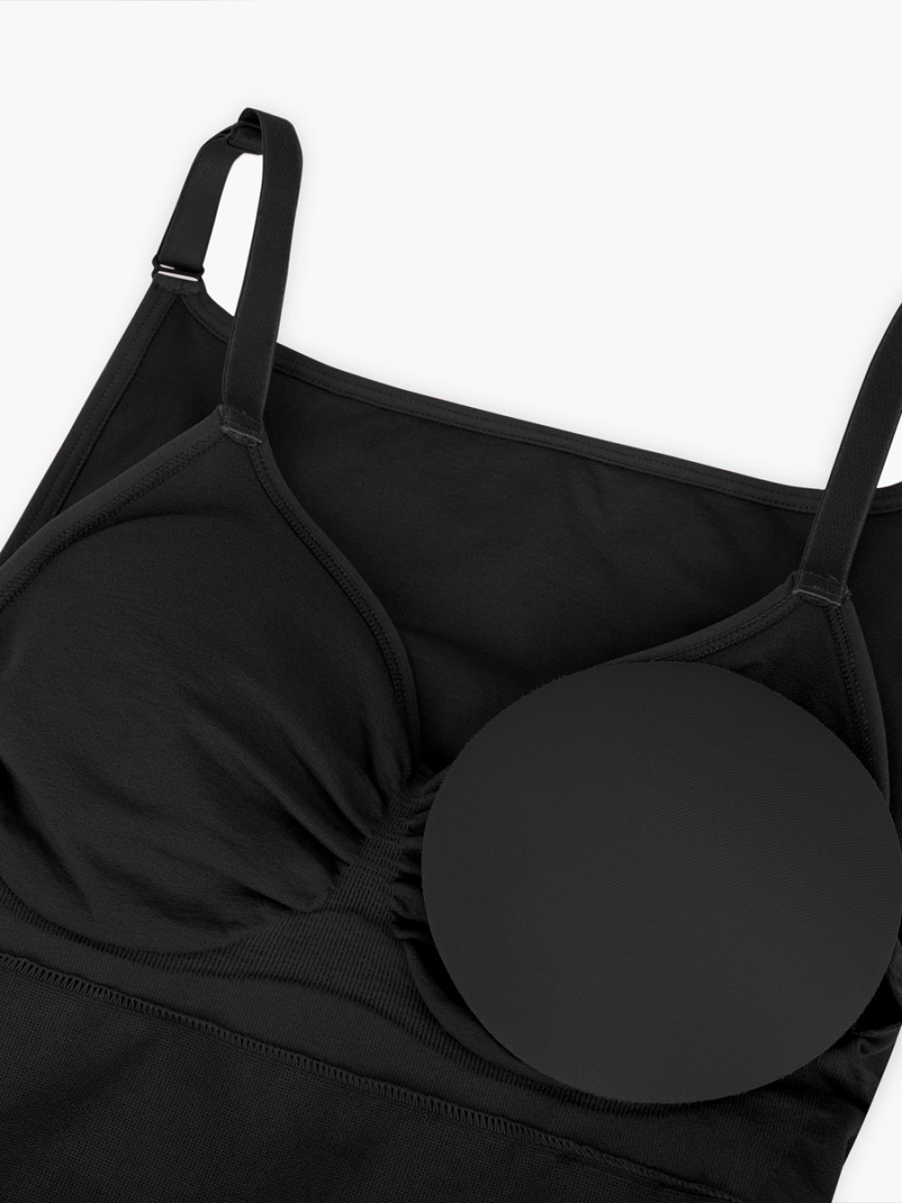 Black Seamless Bra Free Cami Tummy Control Thong Bodysuit with Removable Pads