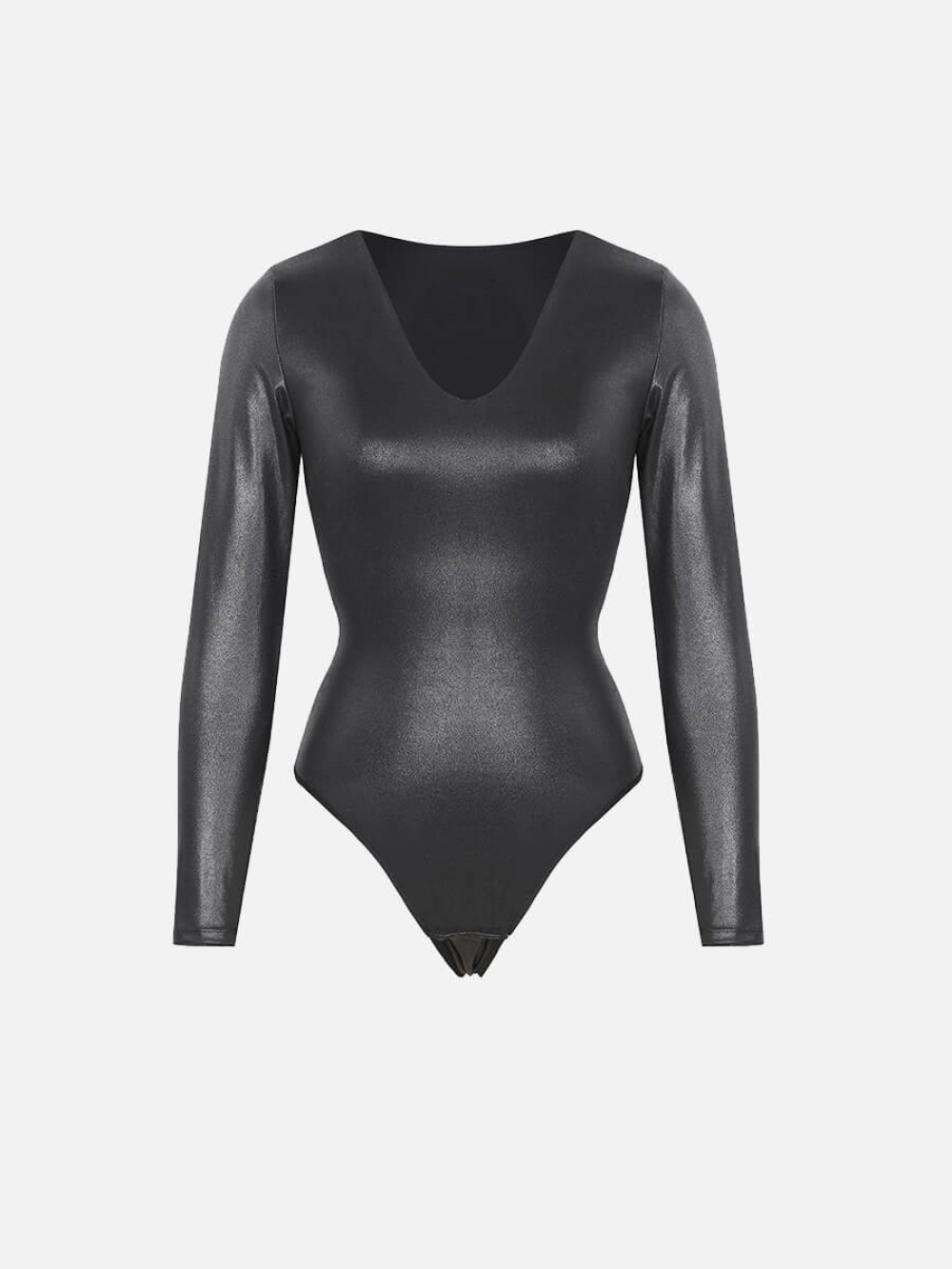 High Elastic Faux Leather Deep V-neck Abdomen Tightening Bodysuit