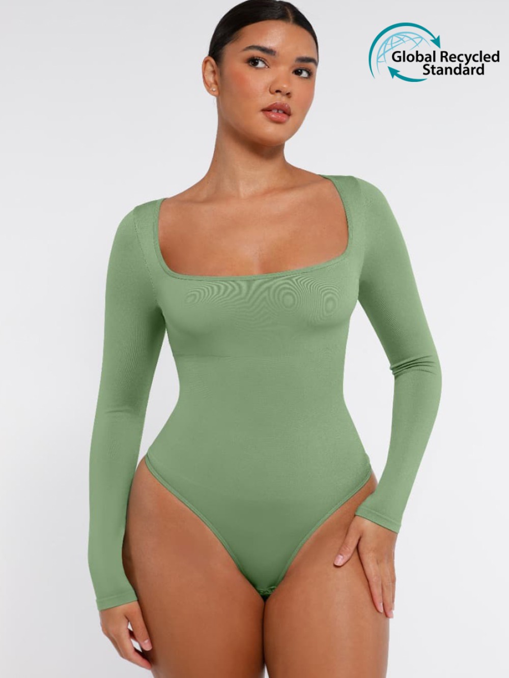 Seamless Eco-friendly Long Sleeve 360° Waist Control Thong Bodysuit