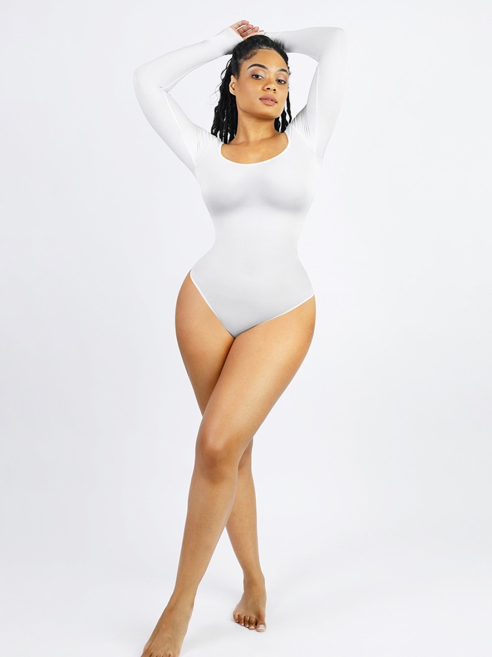 Eco-friendly Seamless Square Neck Long Sleeve 360° Waist Control Thong Bodysuit