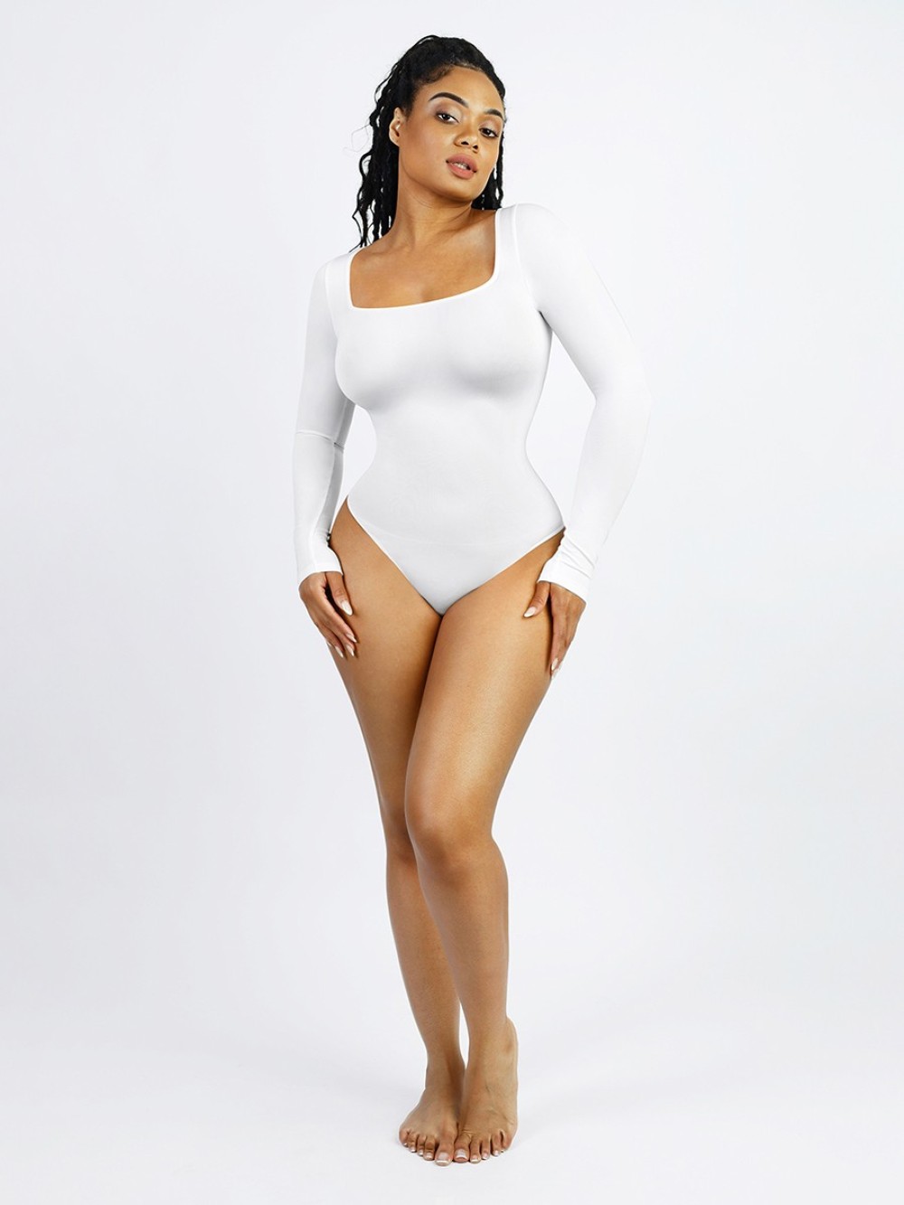 Eco-friendly Seamless Square Neck Long Sleeve 360° Waist Control Thong Bodysuit