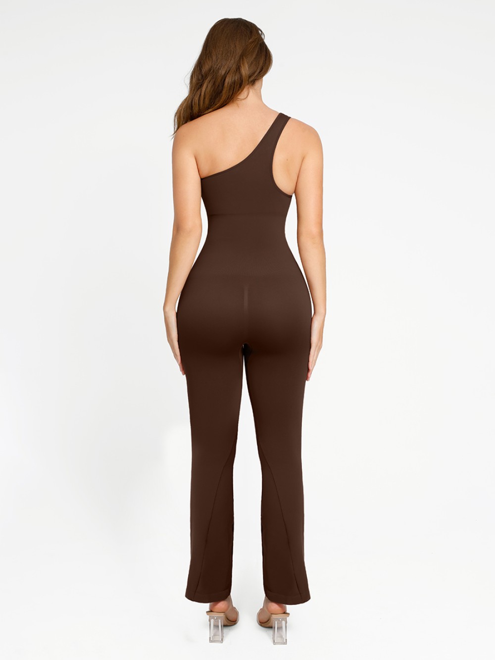 Fashion Seamless Sloped Shoulders Shaping Jumpsuit with Flared Legs