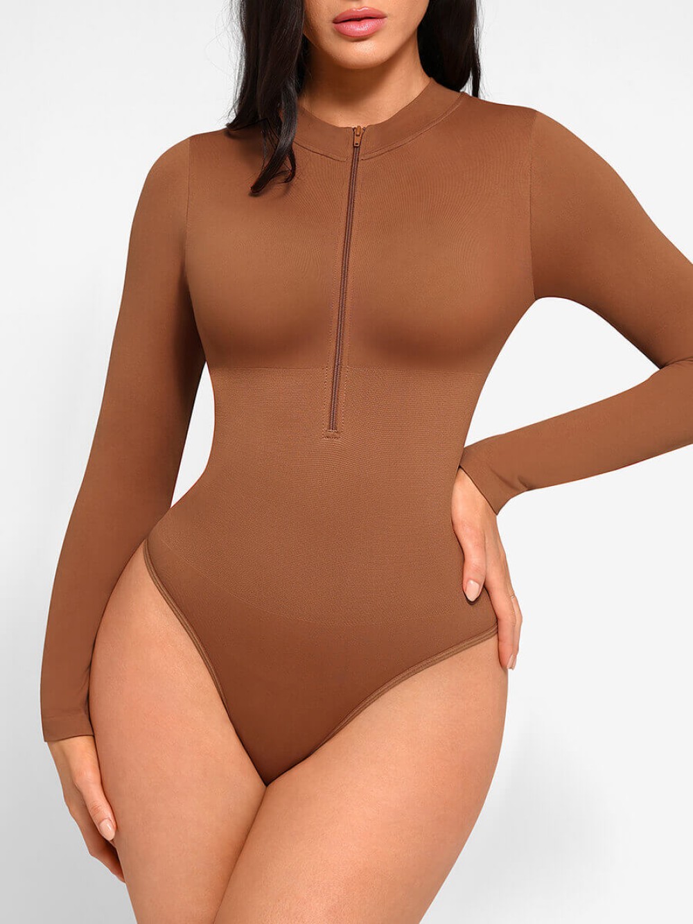 Long Sleeve Seamless Zipper Thong Bodysuit