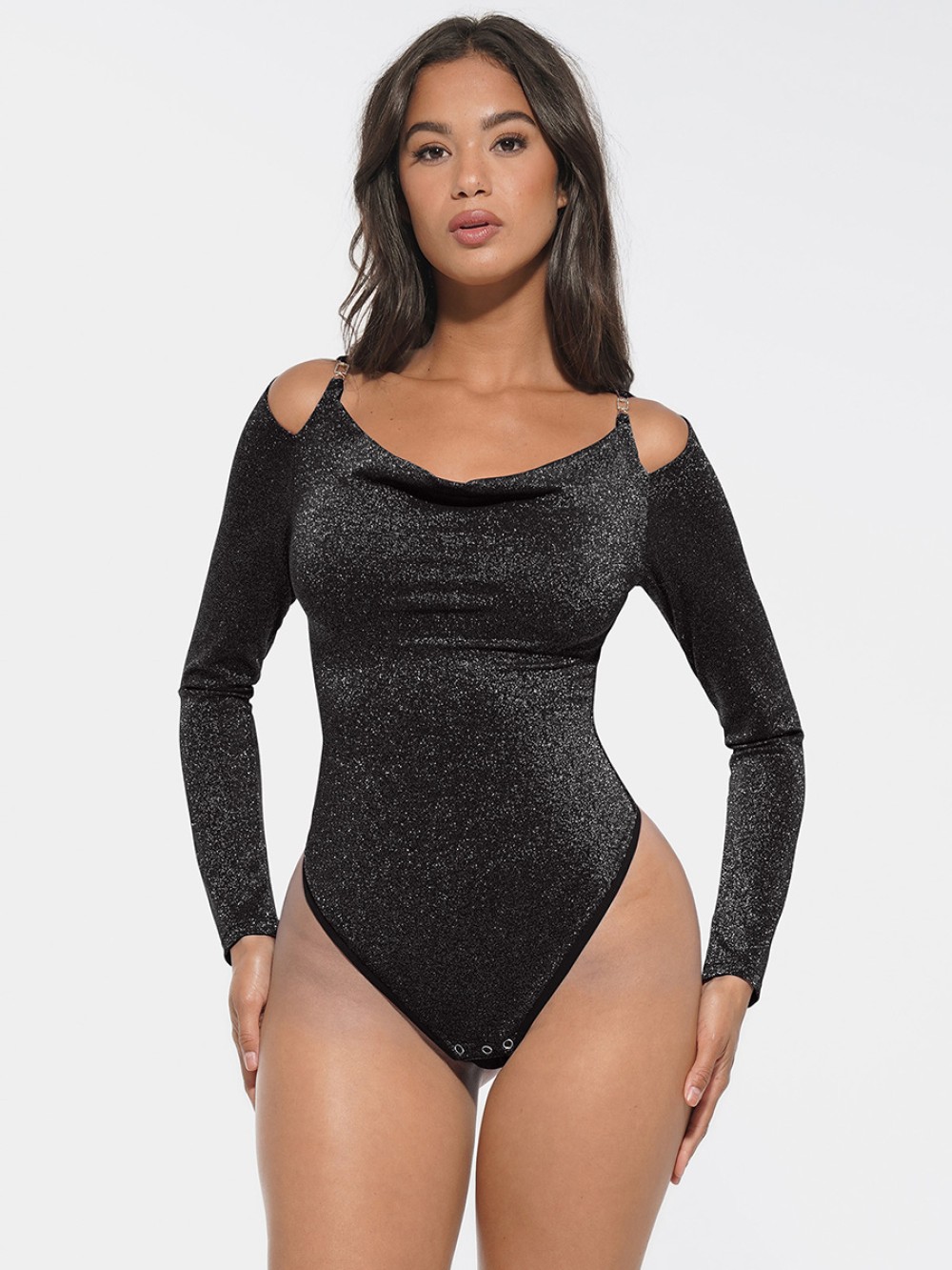 Shiny Draped Neck All In One Shapewear Bodysuit with Built In Bra