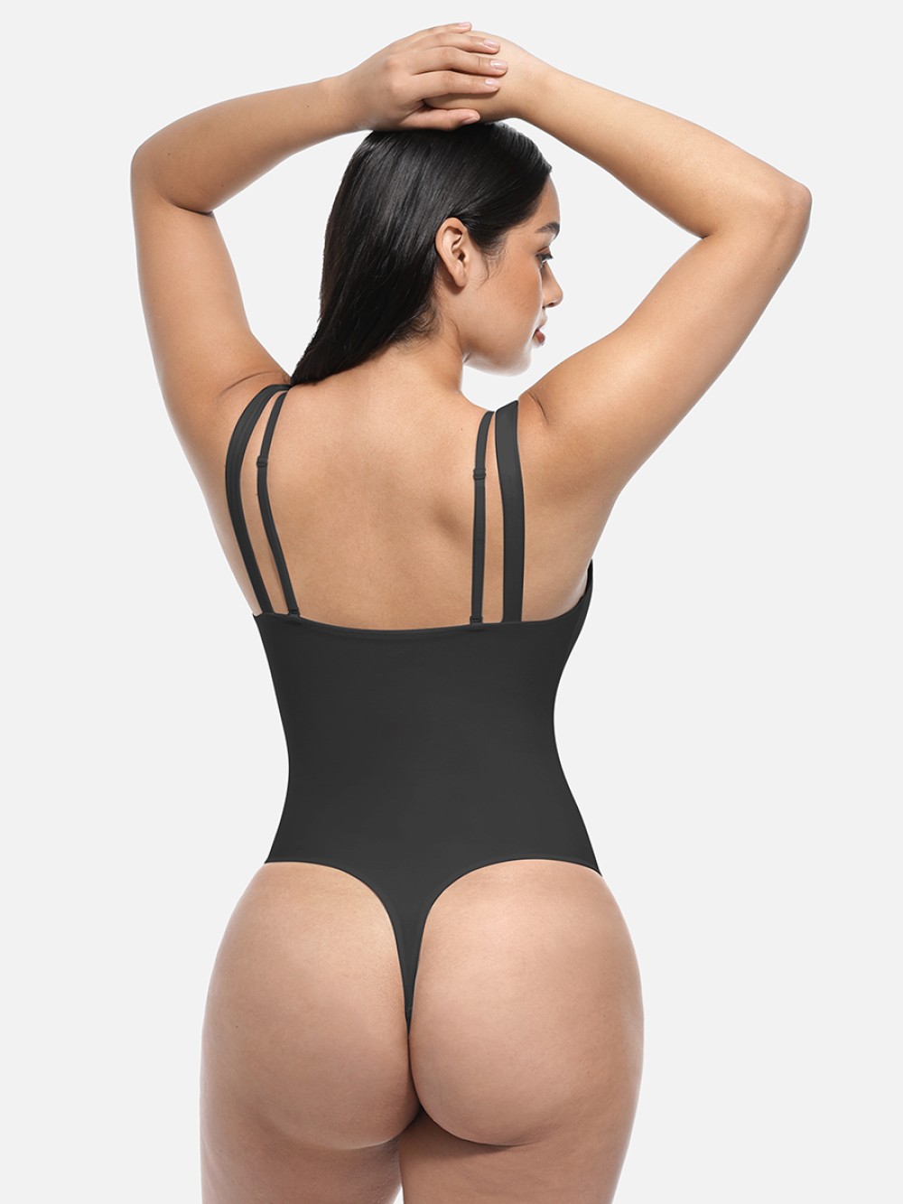 Lace V-Neck T-Back Waist and Abdomen Shaping Thong Bodysuit