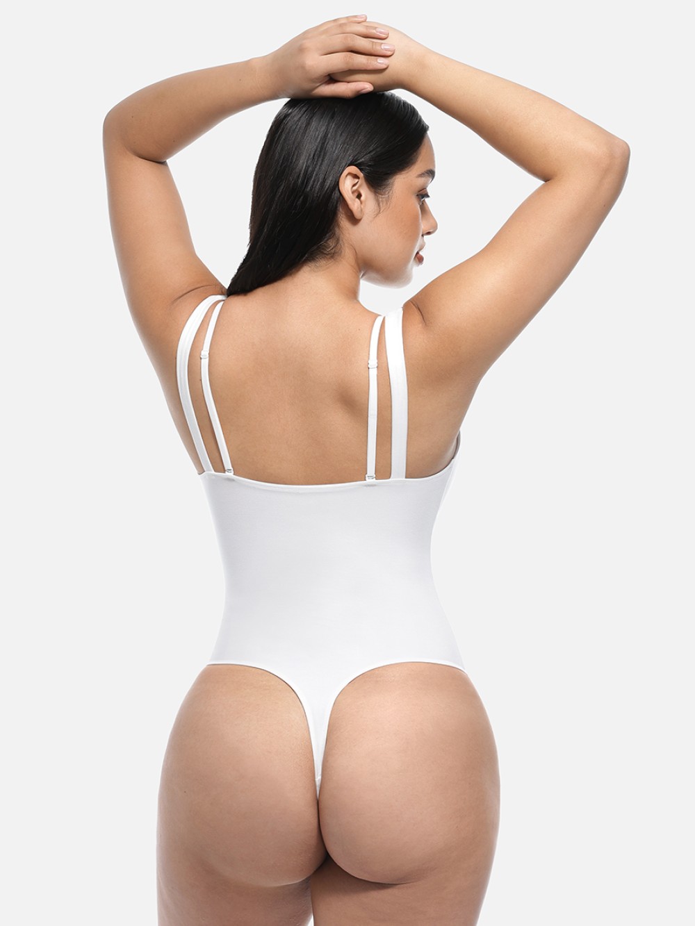 Lace V-Neck T-Back Waist and Abdomen Shaping Thong Bodysuit