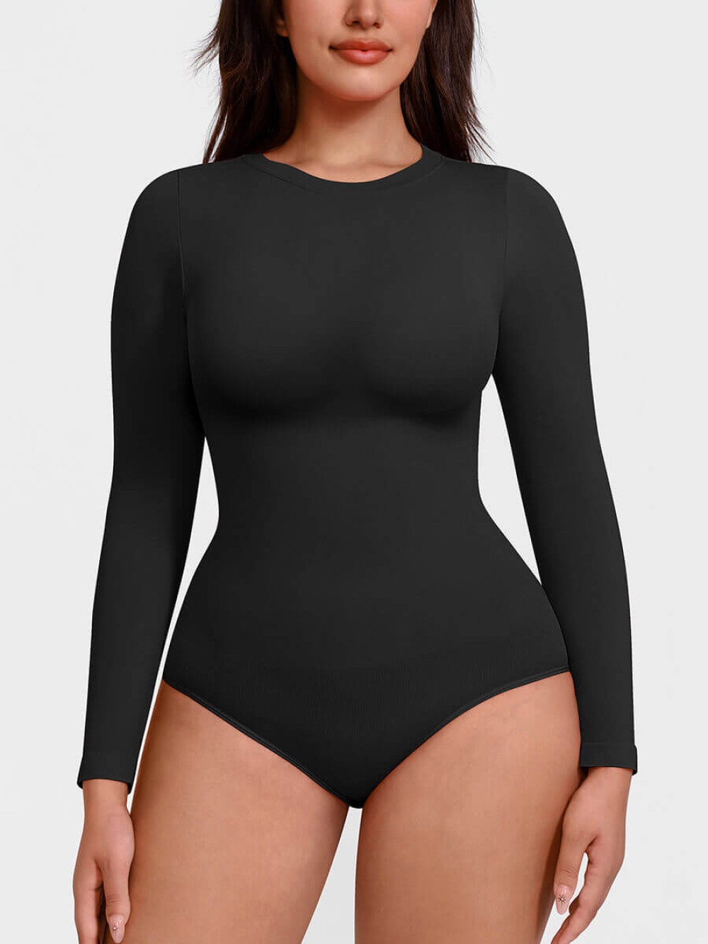 Seamless Crew Neck Long Sleeve Tummy Control Snap Crotch Briefs Bodysuit