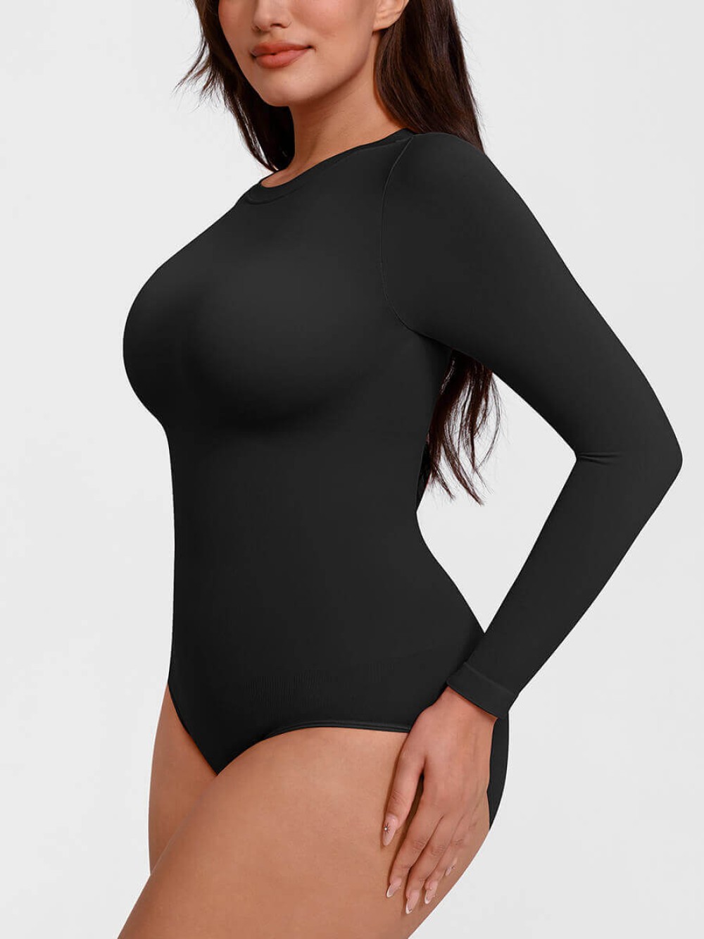 Seamless Crew Neck Long Sleeve Tummy Control Snap Crotch Briefs Bodysuit