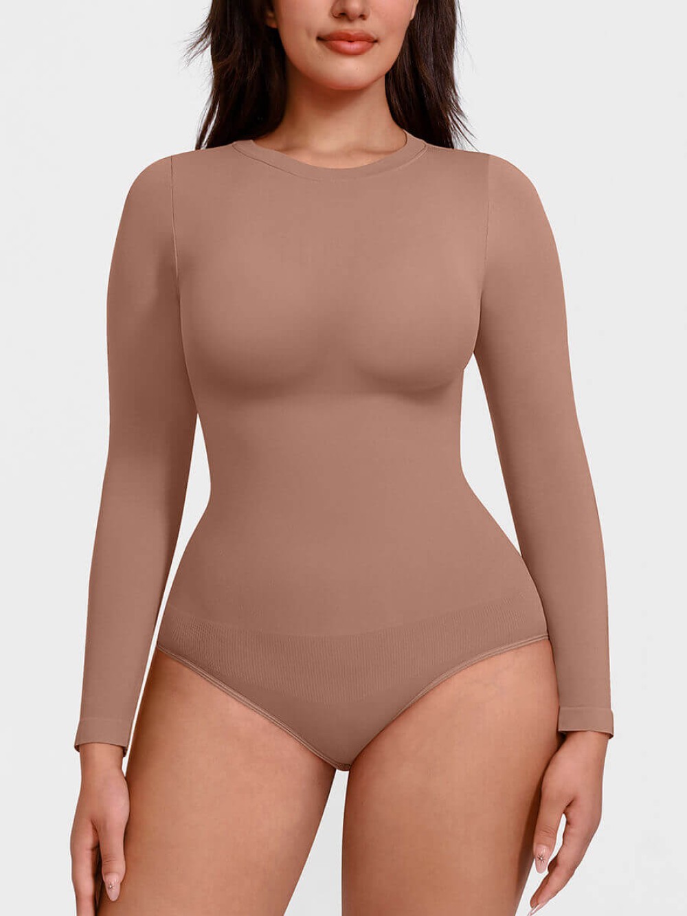Long Sleeve Seamless Crew Neck Tummy Control Snap Crotch Briefs Bodysuit