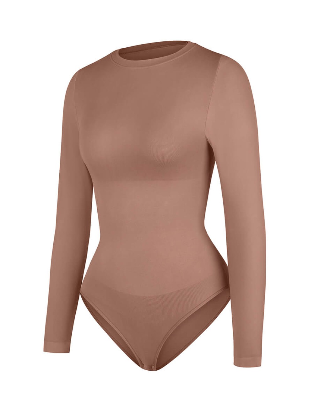 Long Sleeve Seamless Crew Neck Tummy Control Snap Crotch Briefs Bodysuit