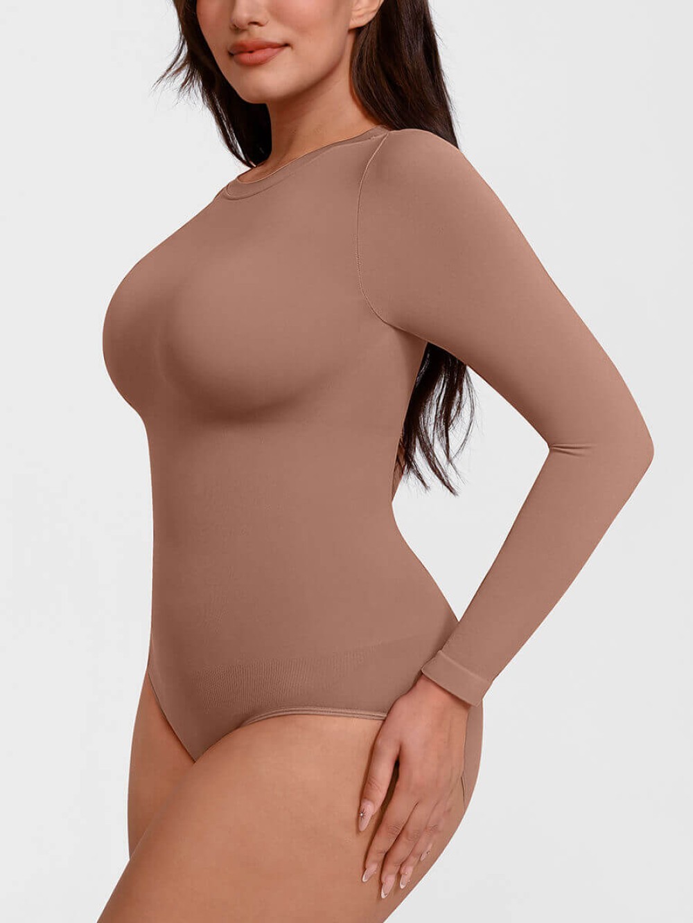 Long Sleeve Seamless Crew Neck Tummy Control Snap Crotch Briefs Bodysuit