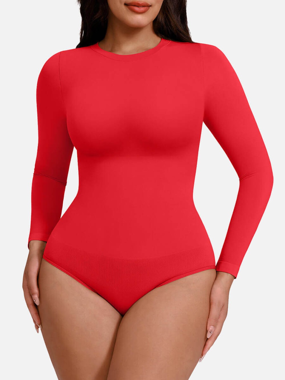 Seamless Long Sleeve Crew Neck Tummy Control Snap Crotch Briefs Bodysuit