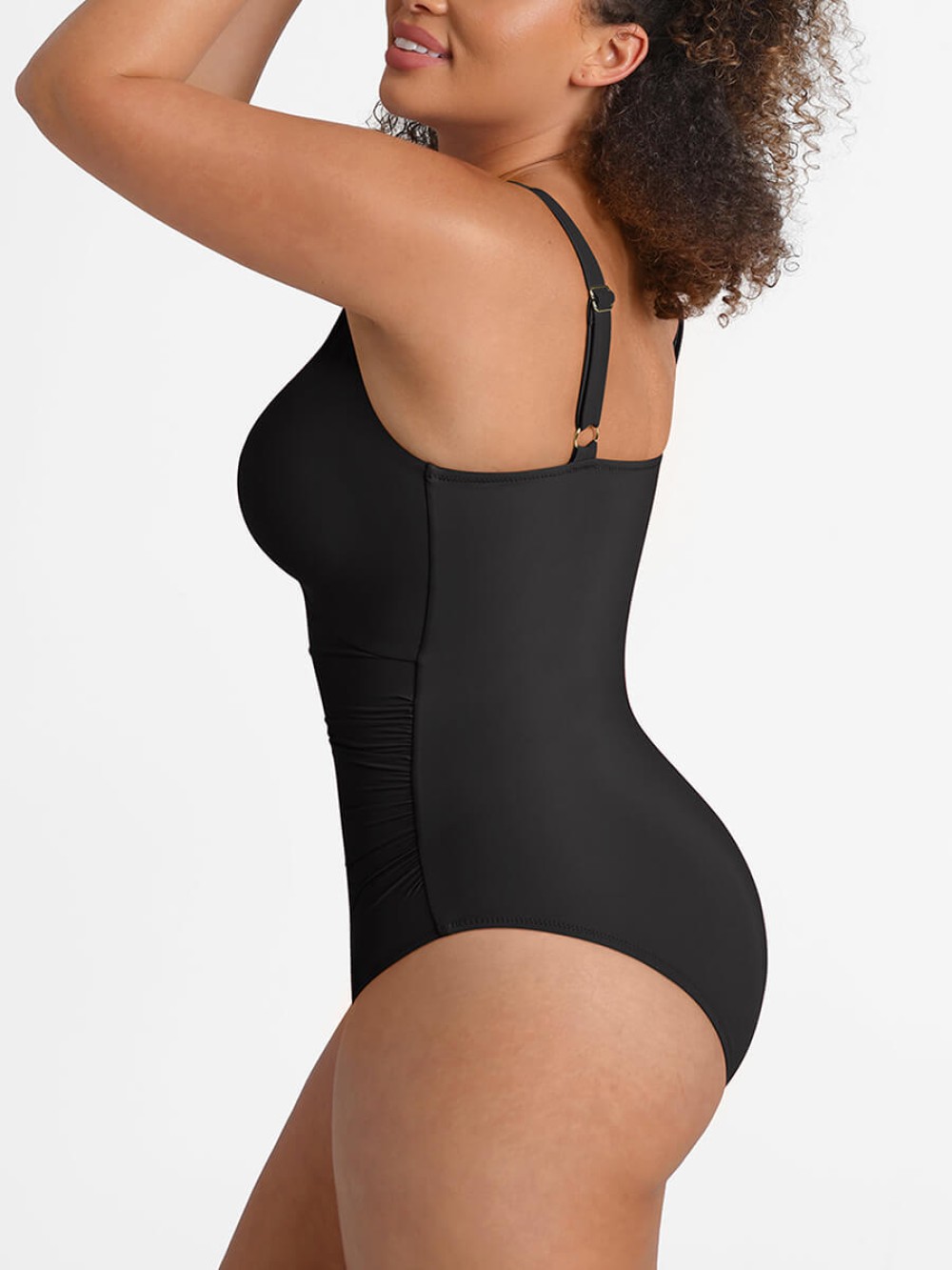 Wide Strap Deep V Metal Ring Bodysuit Swimsuit with Removable Pads