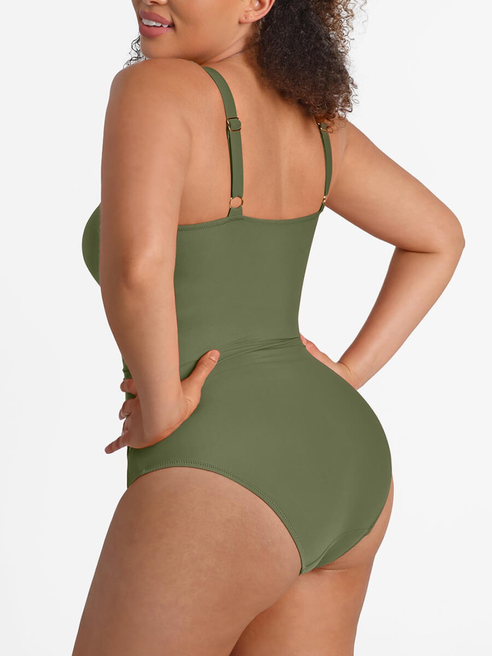 Wide Strap Ruched Bodysuit Swimsuit Tummy Control Mesh Deep V Neck