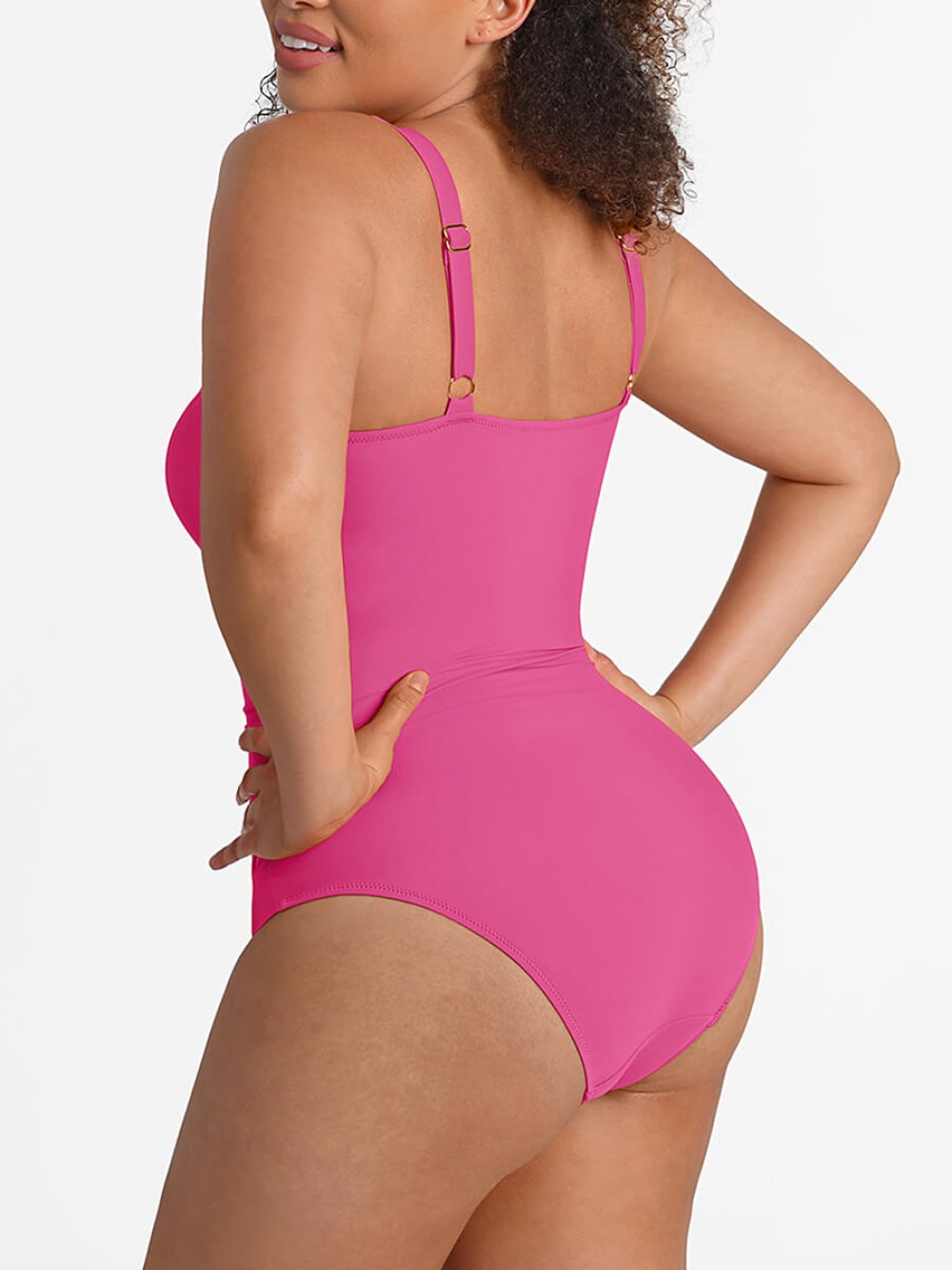 Tummy Control Mesh Deep V NeckWide Strap Ruched Bodysuit Swimsuit