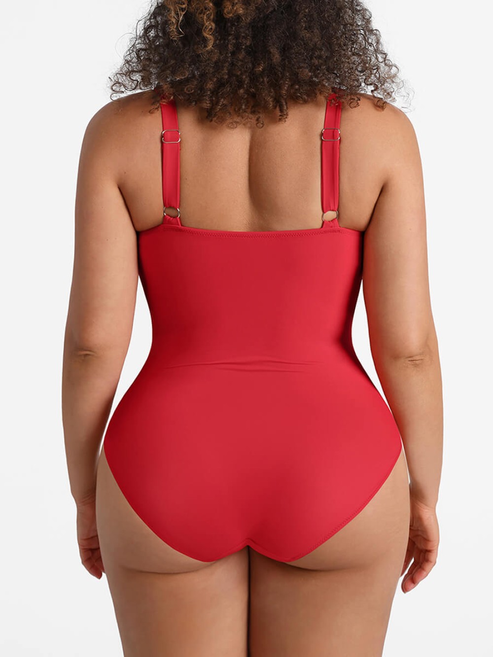 Deep V Metal Accent Bodysuit Swimsuit Removable Pads Ruched Slimming