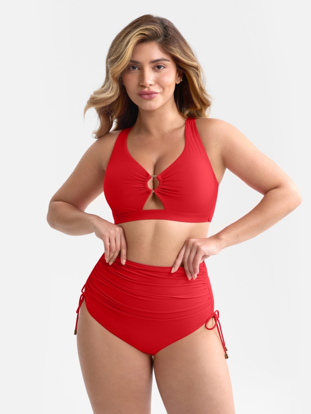 Wide Strap Deep V Metal Ring Swimsuit Built-in Bust Support Side Drawstring Bottoms