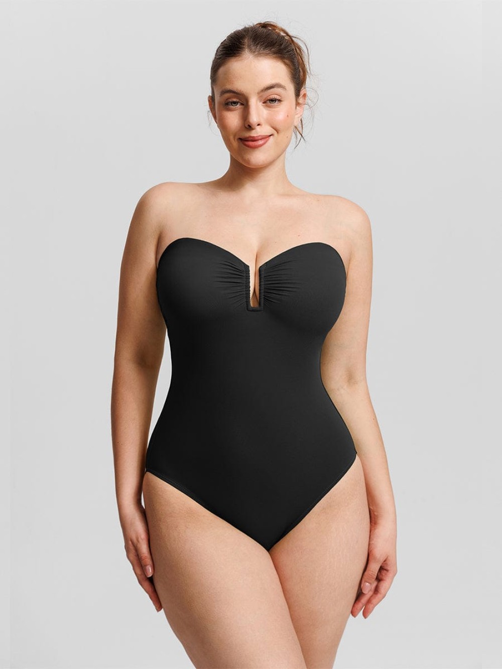 Strapless U-shaped Underwire Tummy Control One Piece Shapewear Swimsuit with Removable Pads