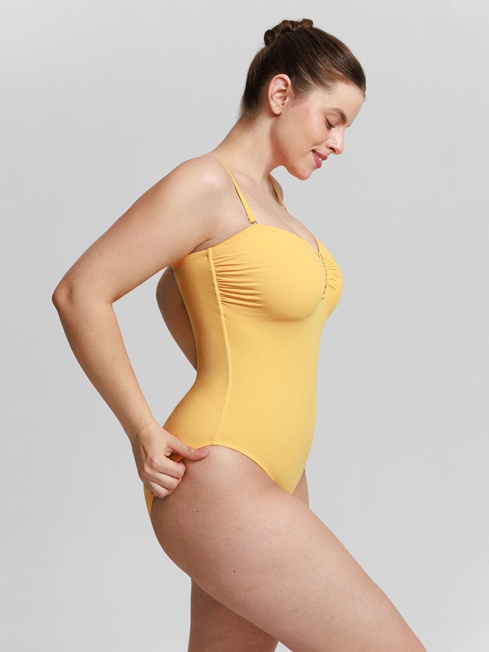 Strapless U-shaped Underwire Mesh Tummy Control One Piece Shapewear Swimsuit with Removable Pads