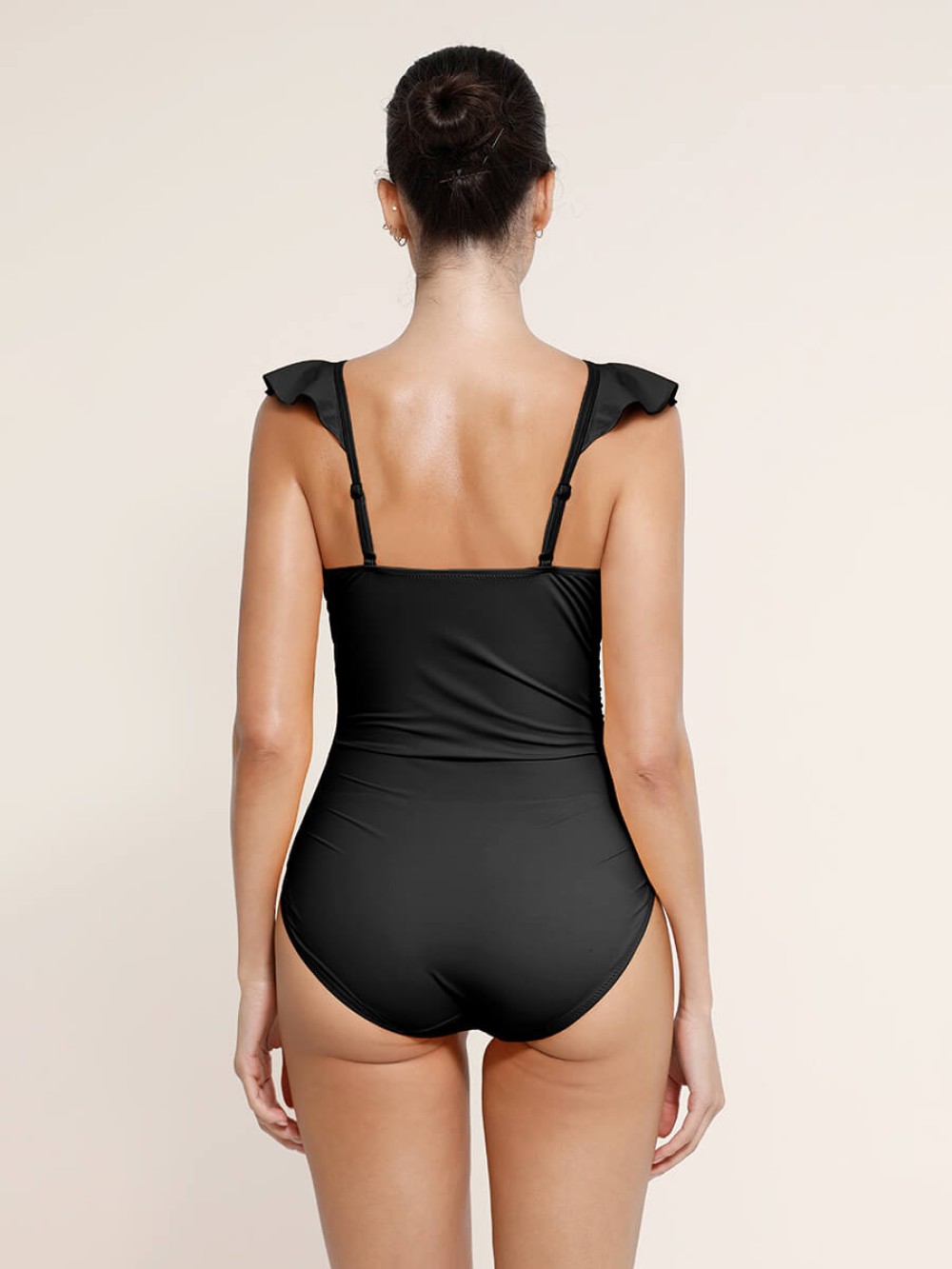 Ruffled One Piece V Neck Lace Up Swimsuit