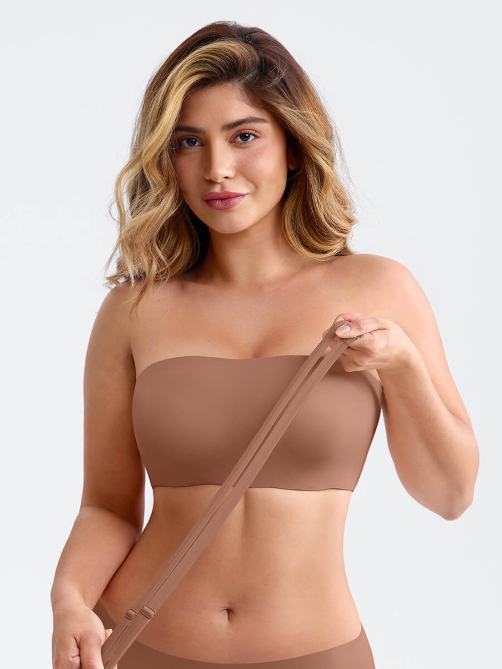 Strapless Bandeau Bra Silicone Grip Side Boning Detachable Straps