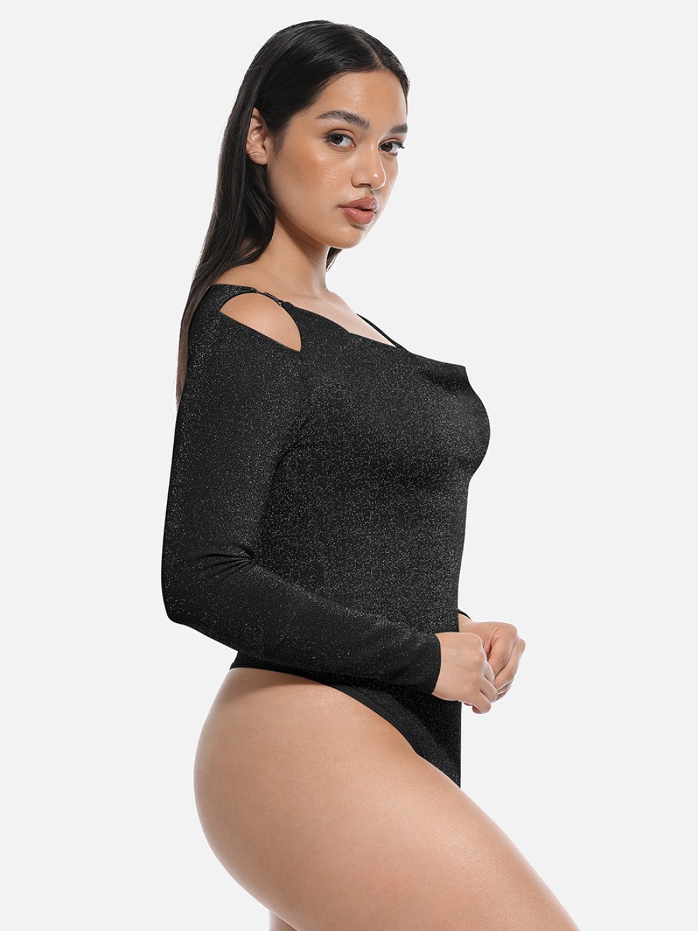Shiny Draped Neck All In One Shapewear Bodysuit with Built In Bra