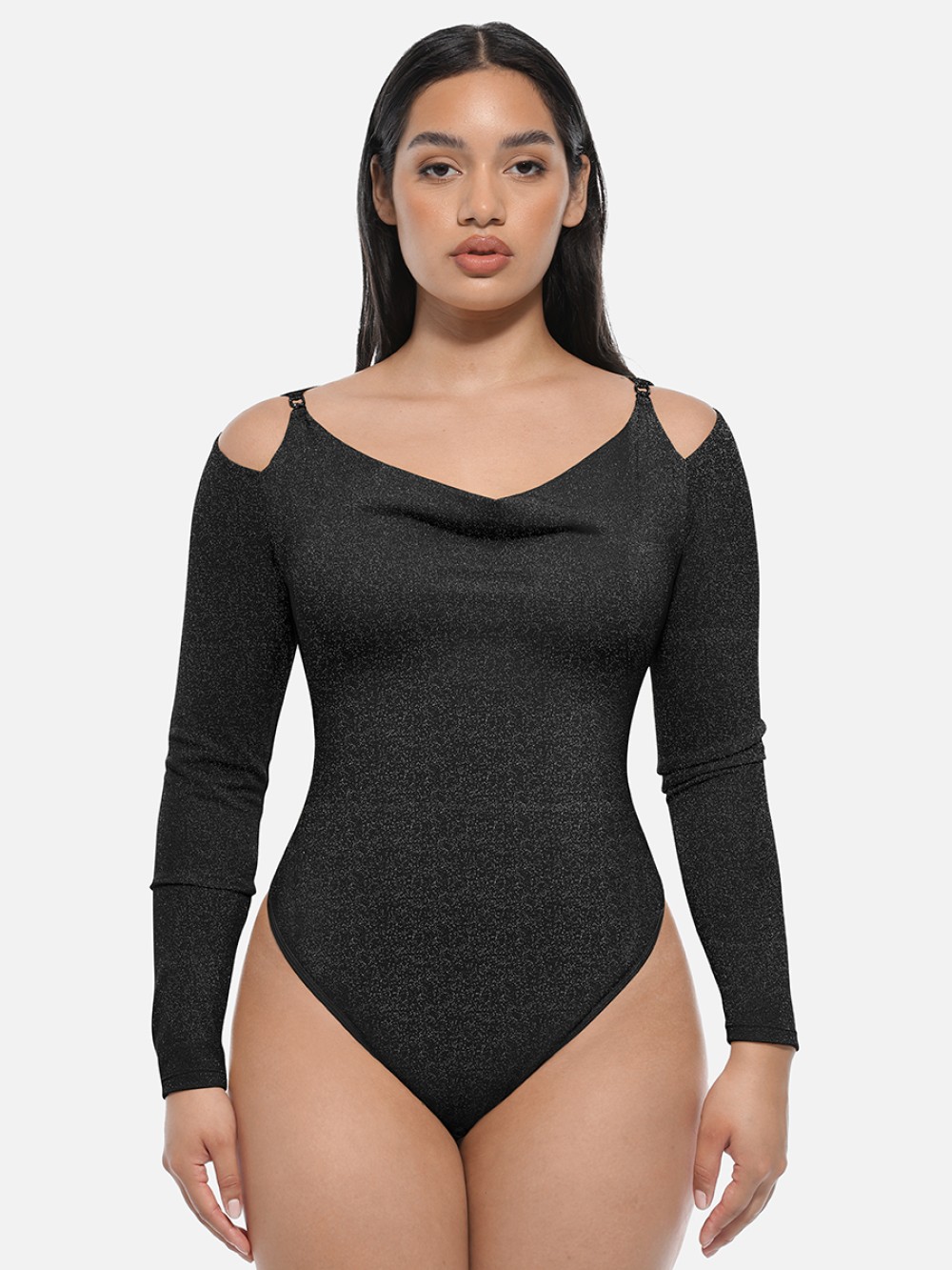 Shiny Draped Neck All In One Shapewear Bodysuit with Built In Bra
