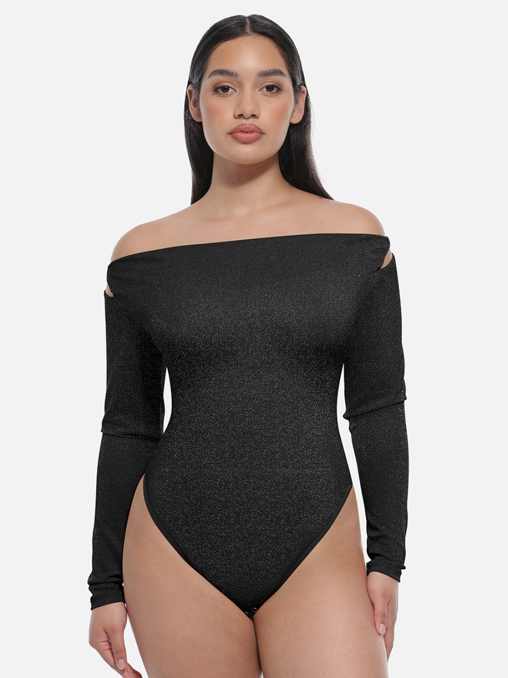 Shiny Draped Neck All In One Shapewear Bodysuit with Built In Bra