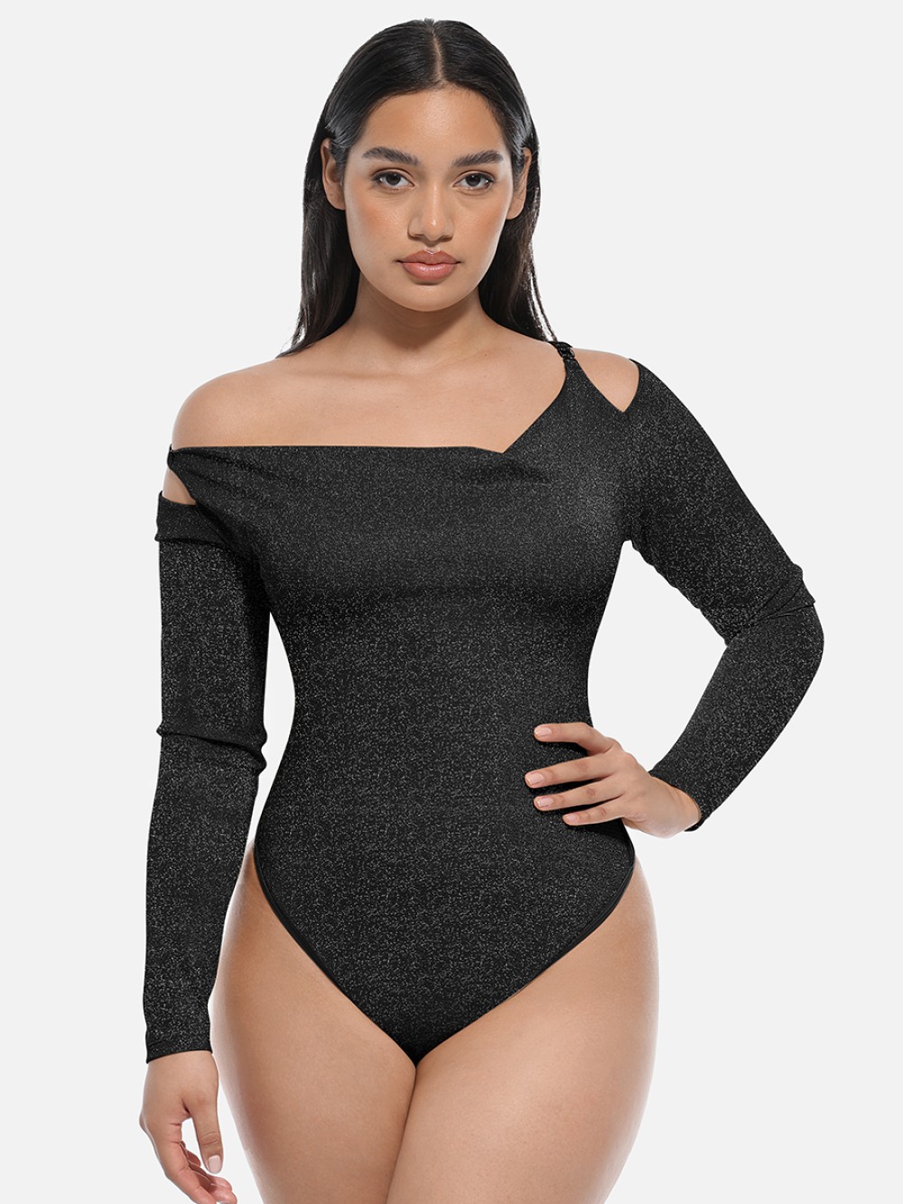 Shiny Draped Neck All In One Shapewear Bodysuit with Built In Bra