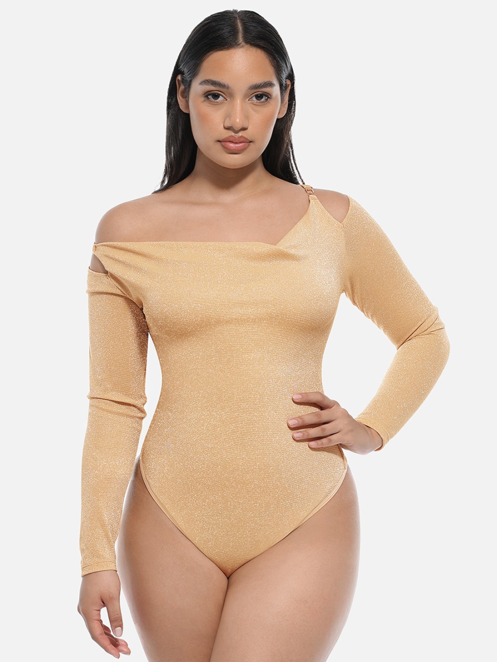 Shiny Draped Neck All In One Built In Bra Shapewear Bodysuit