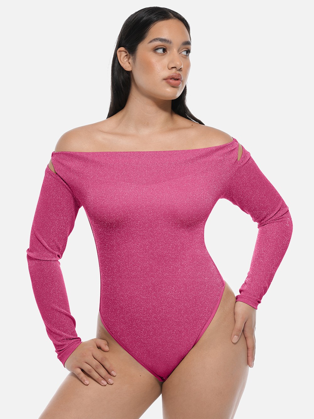 Shiny Draped Neck Shapewear Bodysuit with Built In Bra