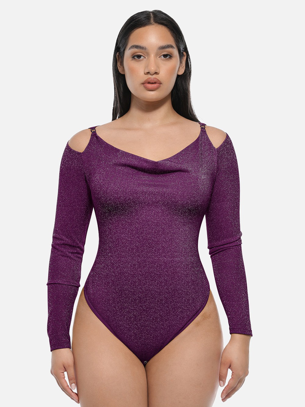 Shiny Draped Neck All In One Shapewear Bodysuit