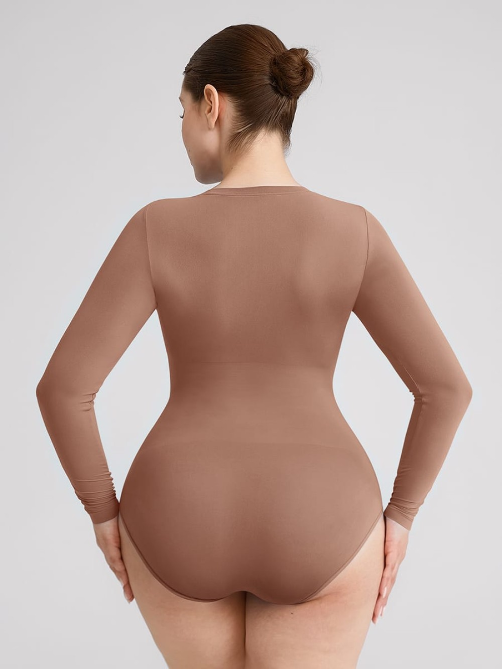 Long Sleeve Seamless Crew Neck Tummy Control Snap Crotch Briefs Bodysuit