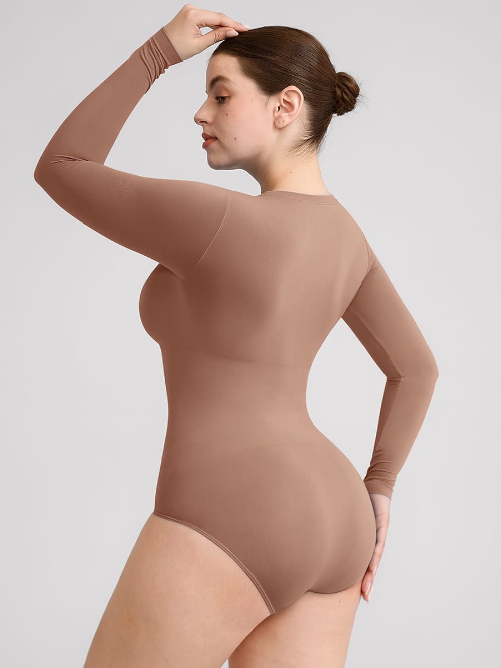 Long Sleeve Seamless Crew Neck Tummy Control Snap Crotch Briefs Bodysuit