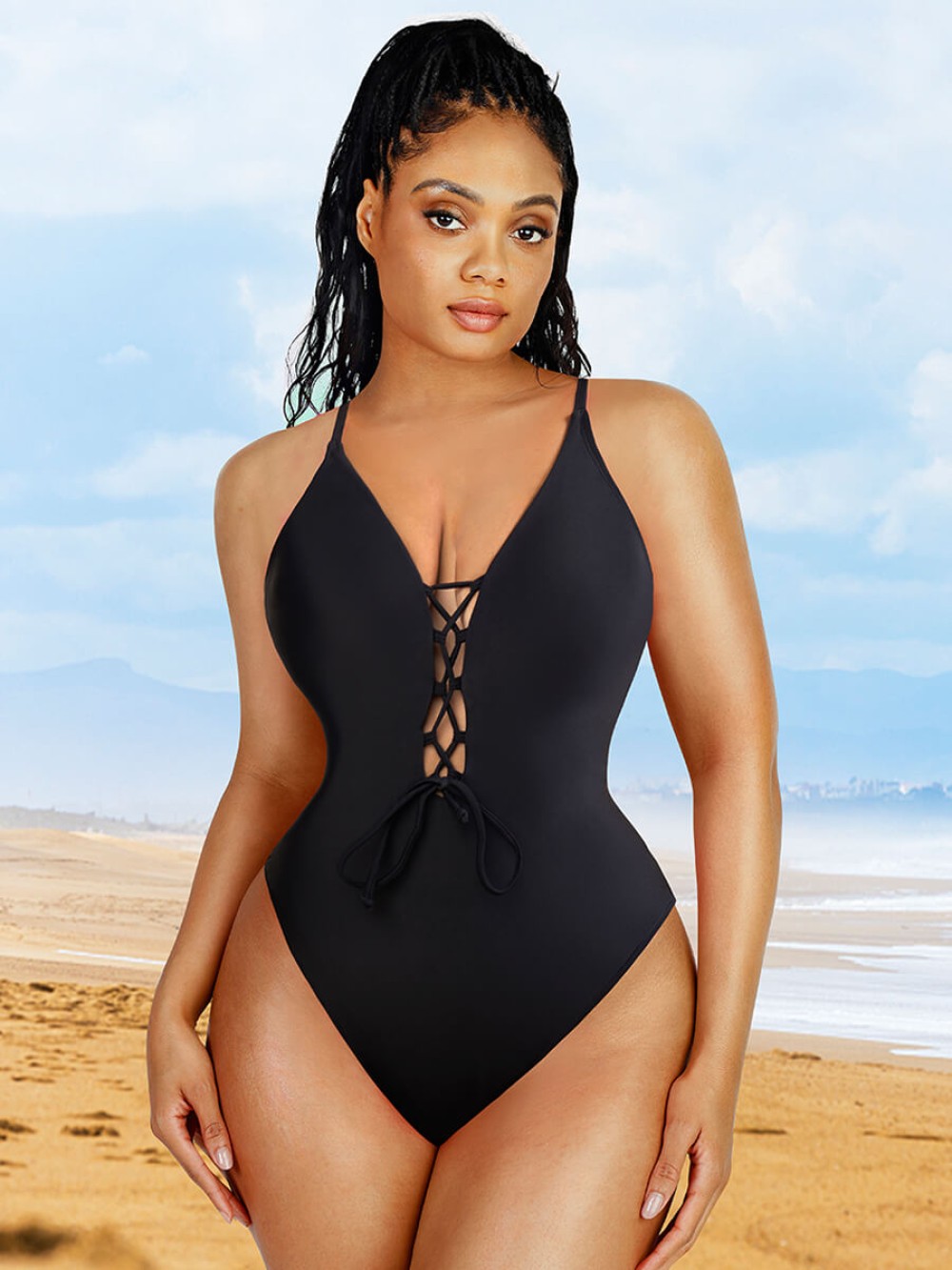 Wholesale Slimming High Waist Lace-Up One Piece Swimsuit