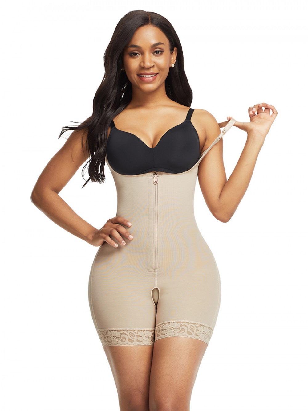 Skin Color Front Zipper Hook Lace Trim Shapewear With Straps