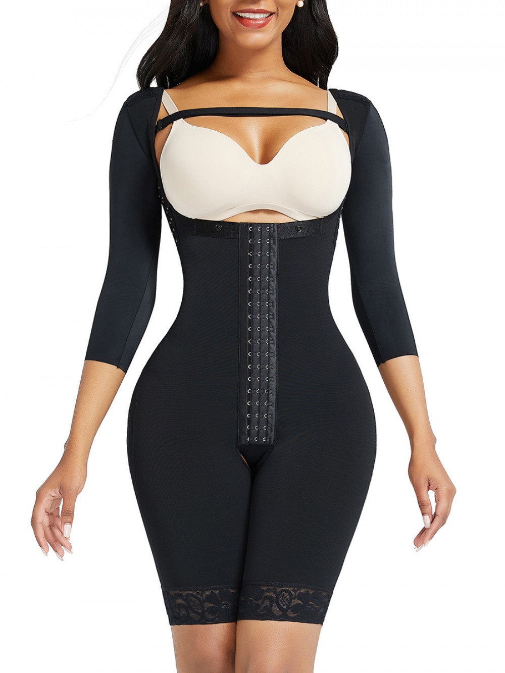 Black Lace Trim Hourglass Body Shaper With Sleeves Curve Shaper