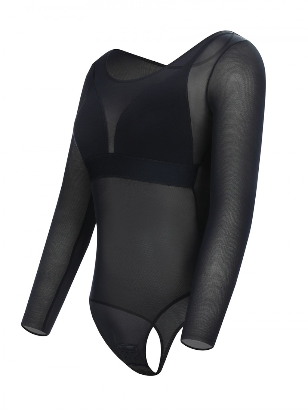 Black Long Sleeves Mesh Thong Bodysuit Shapewear Breathability